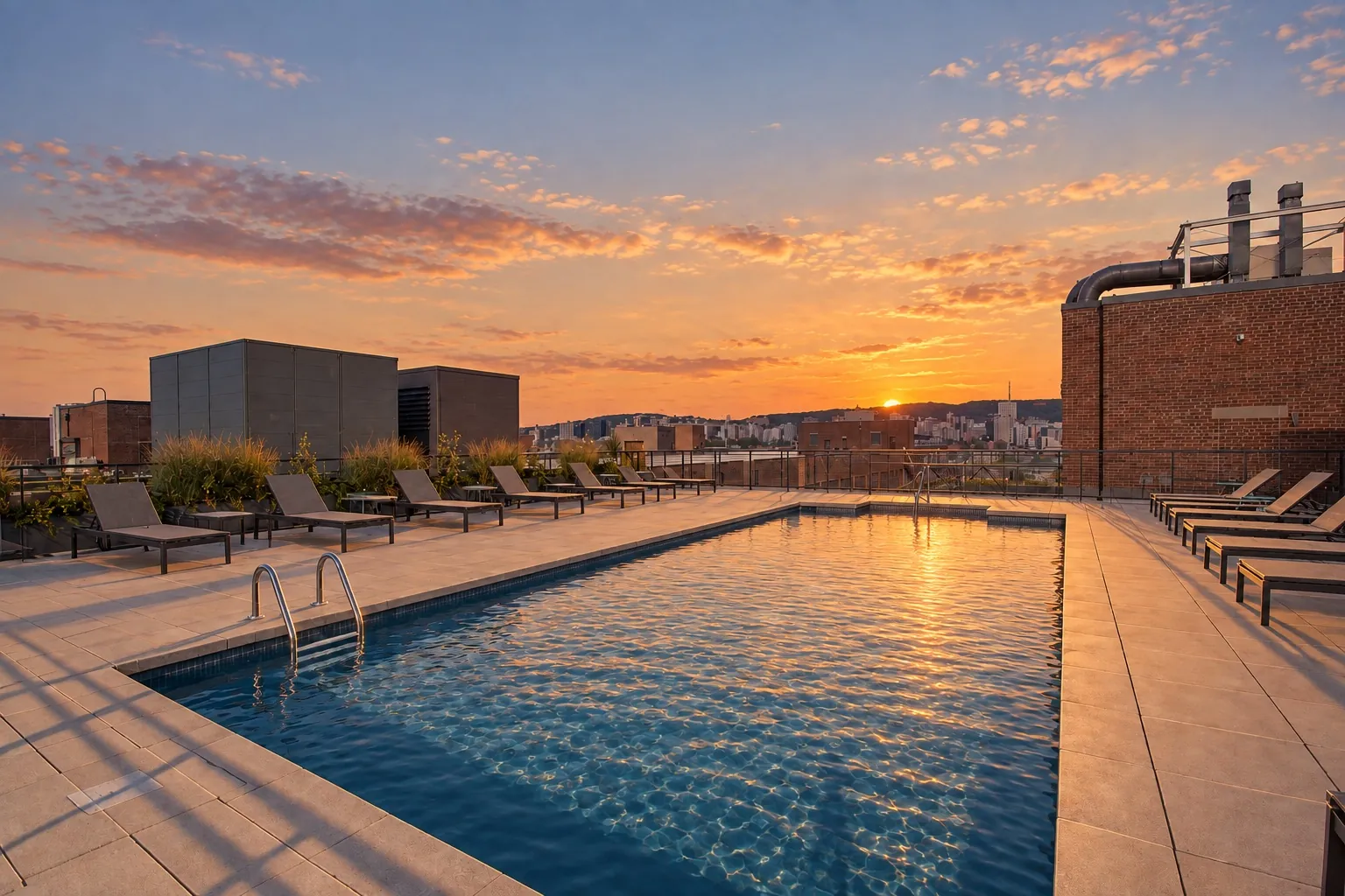 Piscine sur le toit du Nordelec à Pointe-Saint-Charles au coucher du soleil