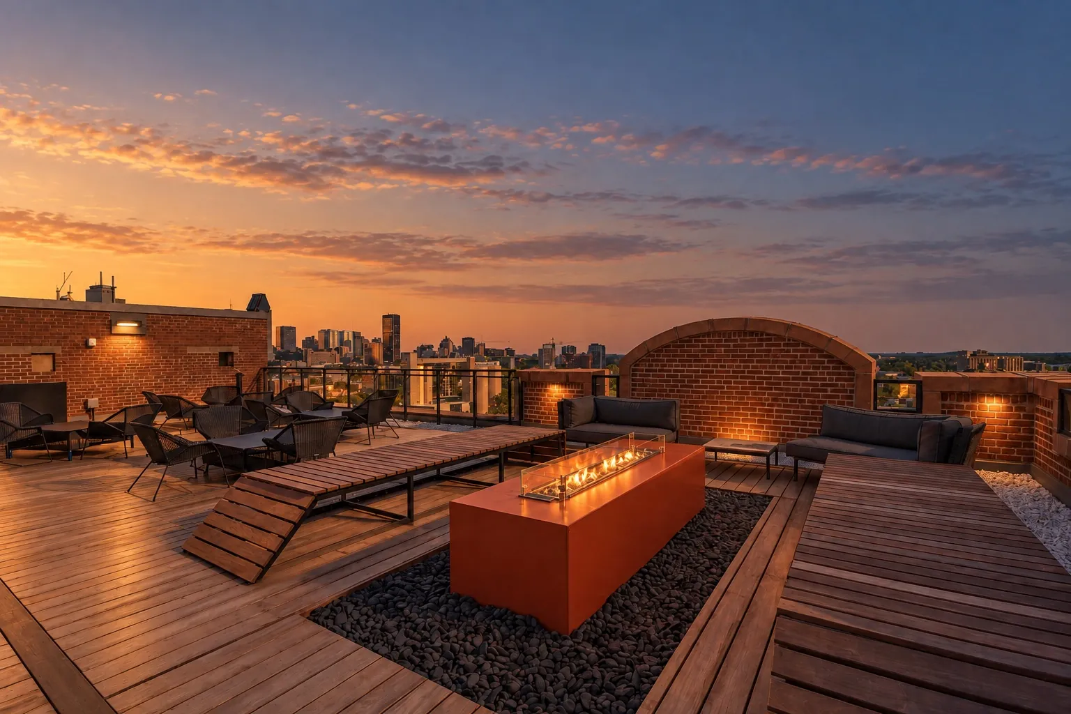 Terrasse sur le toit du Nordelec à Pointe-Saint-Charles avec foyer allumé au coucher du soleil
