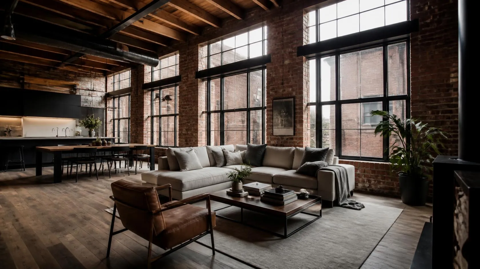 Illustration d’un intérieur de loft industriel : murs de brique, poutres de bois et grandes fenêtres d’usine